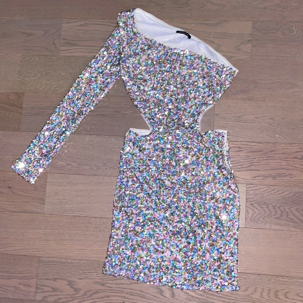 Multi colored sequined off the shoulder dress.